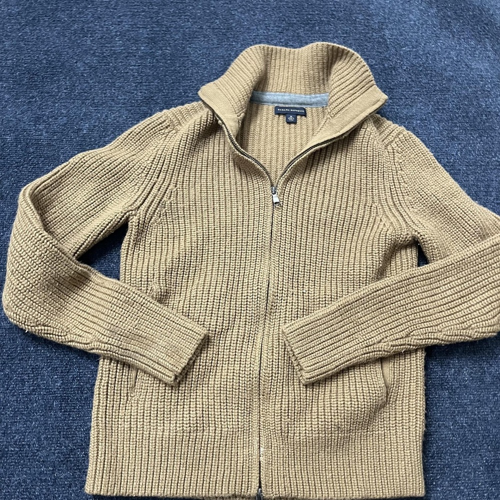 Banana Republic Sweater Womens Medium Tan Full Zip‎ Ribbed Mock Neck Knit